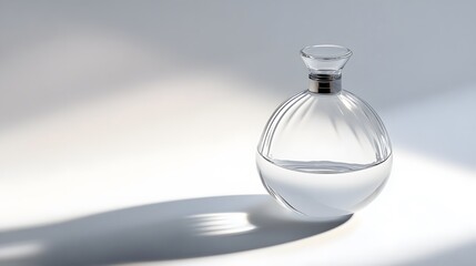 Elegant Glass Bottle: A minimalist glass perfume bottle with a sleek design, centered on a pure white background, casting a soft shadow.
