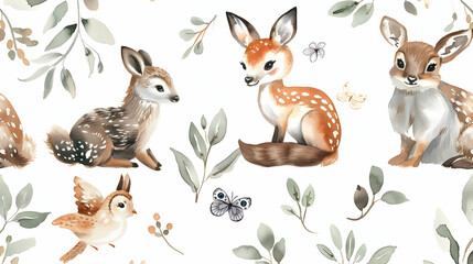 Naklejka premium Watercolor Woodland animals seamless pattern. Fabric wallpaper forest with baby deer. Owl, fox and butterfly, Bunny rabbit set of forest, bear and bird baby animal Nursery