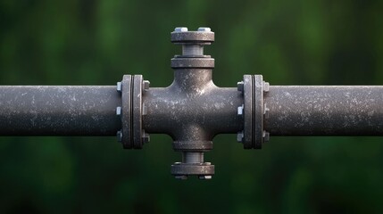 Close-up of an industrial metal pipe with a cross joint, showcasing engineering and infrastructure in an outdoor setting.