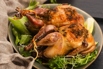 Baked tasty quails on ceramics plate with salad