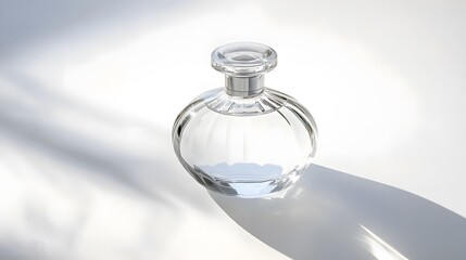 Elegant Glass Bottle: A minimalist glass perfume bottle with a sleek design, centered on a pure white background, casting a soft shadow.
