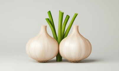 Close-up of fresh garlic bulbs with green shoots on a plain background, showcasing natural and organic produce.