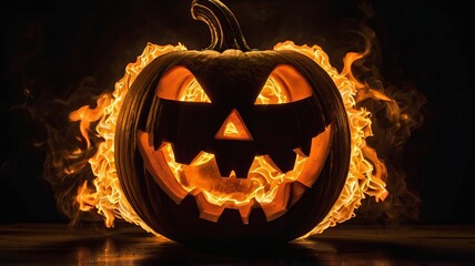 Fototapeta premium Close-up jack-o-lantern with a carved, glowing face dark background with a smoke and fire flames. Halloween greeting card