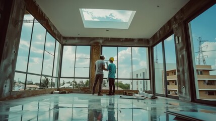Two professionals stand in a half-finished high-rise with panoramic glass windows, evaluating the bright future possibilities of the architectural project.