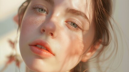 A woman with freckled skin enjoys a skincare moment, her face glistening with a hydrating mask.