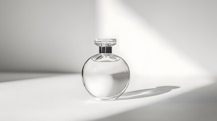 Elegant Glass Bottle: A minimalist glass perfume bottle with a sleek design, centered on a pure white background, casting a soft shadow.
