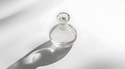 Elegant Glass Bottle: A minimalist glass perfume bottle with a sleek design, centered on a pure white background, casting a soft shadow.
