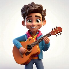 3D Render Kid Musician Playing Guitar, Clean and Simple Design on Solid White Background