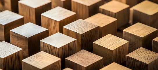 Abstract pattern of wooden cubes in various shades of brown.