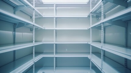 Obraz premium Rows of empty, clean shelves provide a stark, organized look to the storage area, appearing ready for new inventory or restocking.
