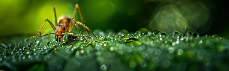 Fototapeta premium Macro Shot of Ant on Dew-Covered Leaf with Blurred Green Background