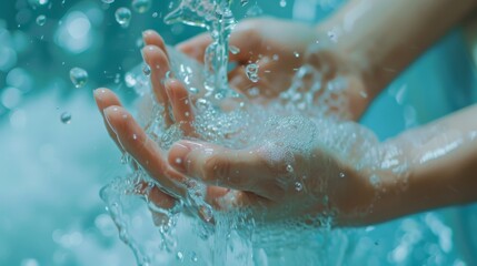 Fototapeta premium Gentle hands gracefully cupping and playing in a refreshing stream of water, emphasizing purity and tranquility.