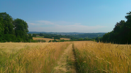 Obraz premium Scenic Summer Landscape with Rural Path Through Golden Wheat Fields and Distant Forest Hills
