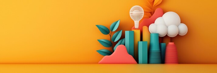 Colorful miniature scene with abstract shapes, plants, and household objects on a vibrant orange background, perfect for modern decor themes.