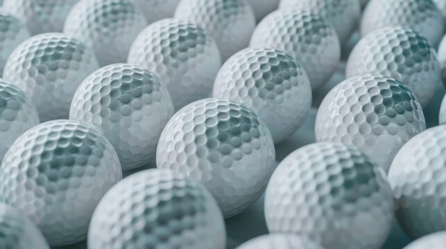 A uniform arrangement of white golf balls, focusing on their textured, dimpled surfaces that create a rhythmic visual pattern.