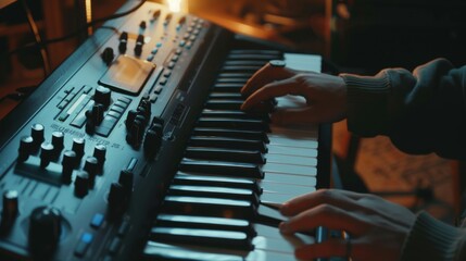 A musician’s hands playing a synthesizer keyboard, creating a captivating melody with harmonious...