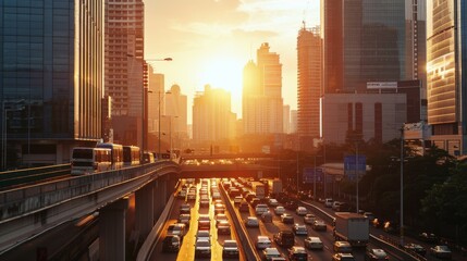 Obraz premium The sun sets over a bustling city, casting a golden glow on skyscrapers and a busy highway filled with traffic below.