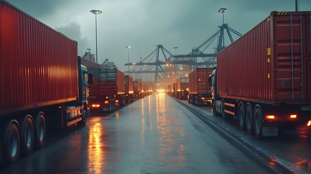 A line of cargo trucks waiting to be loaded with containers in a busy shipping yard, with warehouses and cranes visible in the distance. 