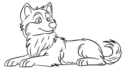 Drawing wolf png, Line drawing of wolf,  looking right, lying down. Suitable for petrelated designs, stationery, and childrens illustrations, childrens book, coloring pages, coloring book.