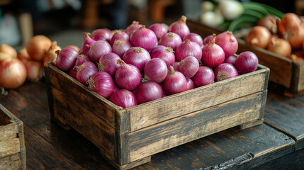 Onions in wooden basket in market