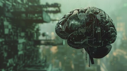 A digitally enhanced brain, merging organic and circuit elements, hovering in a futuristic environment, symbolizing the fusion of human intellect and machine.