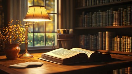 A cozy library corner with a large, open book on a wooden table, warm light from a nearby lamp illuminating the pages in the dim room.