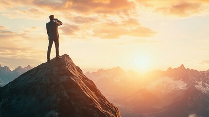 Businessman's Vision for Success: A Perspective for Future Planning. A businessman stands on a mountain peak with binoculars, looking out into the distance, symbolizing his vision for the future.