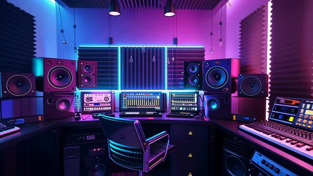Modern music studio with soundproof walls bright lights and comfortable equipment. Concept Music Production, Soundproof Walls, Bright Lights, Comfortable Equipment, Modern Studio
