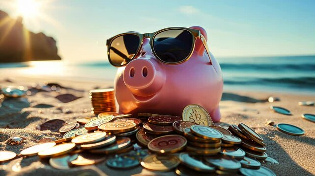 Pink piggy bank with sunglasses relaxing on a beach in summer next to gold coins, vacation budget, holiday savings, investment success, banking wealth, income and profit in finance
