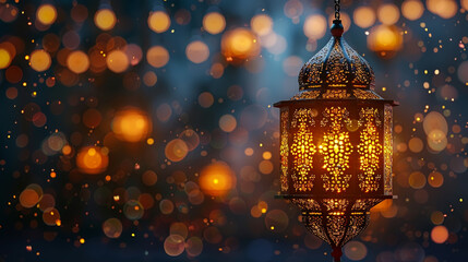 Illuminated Moroccan Lantern with Bokeh Lights in a Warm Evening Setting