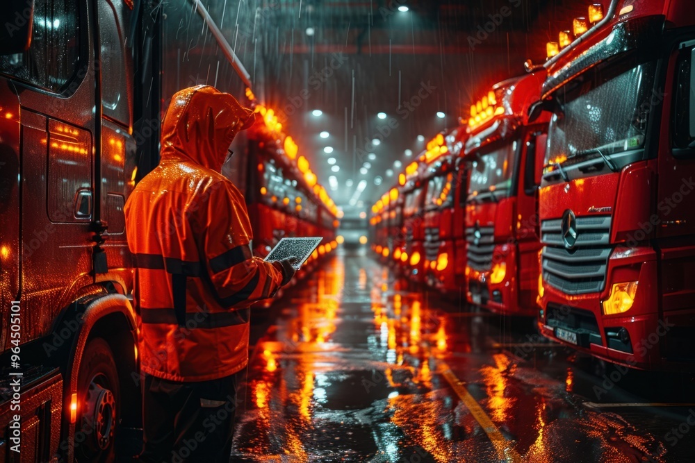 Wall mural a truck driver in a bright raincoat checks his tablet amidst parked red trucks illuminated by rain