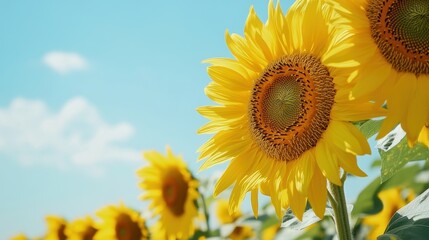 Blissful Day Among Blossoming Sunflowers under the Clear Blue Sky