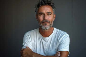 Confident man with beard and gray hair poses against a neutral background, showcasing a relaxed and approachable demeanor