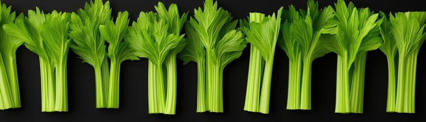 Fresh celery stalks arranged in a row against a black background, showcasing their vibrant green color and crisp texture.