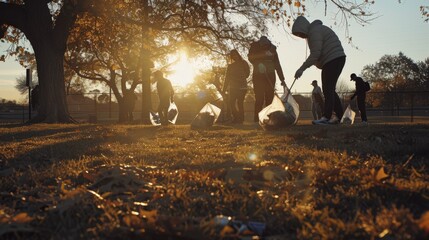 A group of people engages in a community cleanup at sunset, casting long shadows on a grassy field covered with fallen leaves.