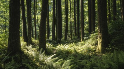 Obraz premium Serene Exploration of Ancient Forest: Wandering Among Towering Trees and Lush Ferns on a Bright Summer Day