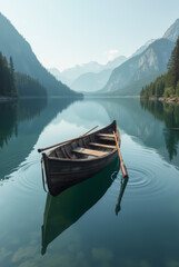 Obraz premium Ruhige Landschaft mit einem einsamen Boot auf einem stillen See