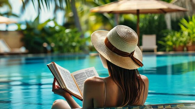Summer holidays, woman reading book near swimming pool in hotel, vacations, female tourist wearing beach hat