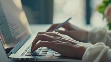 A pair of hands work on a laptop in a well-lit room, epitomizing concentration and productivity as they type away, surrounded by a calming workspace.