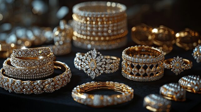 A luxurious collection of diamond-encrusted rings, gold bangles, and chandelier earrings, displayed on a dark velvet surface for a rich contrast.