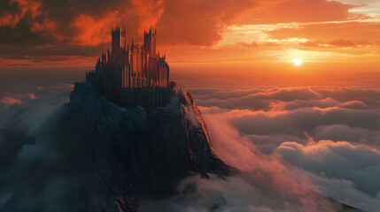 A castle made of glass perched on top of a mountain, its towers reflecting the sunset as the surrounding sky darkens into night