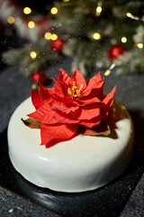 A beautifully crafted dessert showcases a striking flower decoration, enhanced by twinkling lights and festive greens, creating an inviting holiday atmosphere.