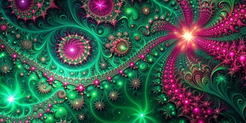 Vibrant emerald green and hot pink background with intricate fractal patterns and sparkling stars