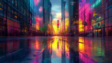 A city street where the buildings are made of transparent glass, allowing the sunset light to filter through, casting rainbow reflections on the pavement