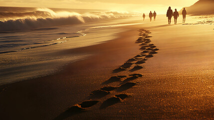 A group of people walking along a beach, with their footprints glowing faintly in the sand as the waves gently lap at the shore