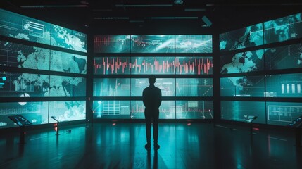 A silhouetted individual stands before an immersive digital display of data visualizations and maps, embodying the interface of technology and analytics.