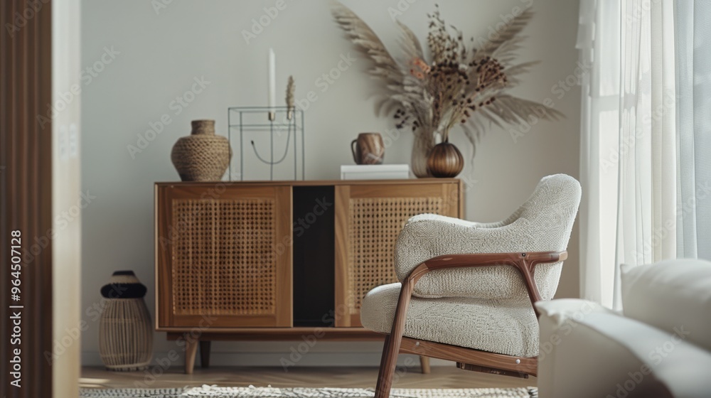 Wall mural a mid-century modern living room with wooden furniture, soft lighting, and meticulously arranged dec