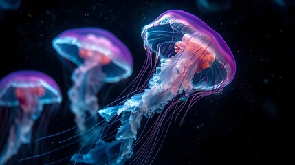 Fototapeta premium Mesmerizing Bioluminescent Jellyfish Dance in the Ethereal Underwater World