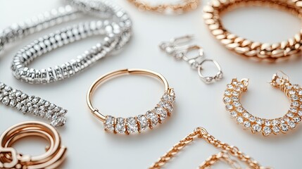 Obraz premium A sophisticated display of gold hoop earrings, silver chains, and crystal-studded bracelets, arranged on a minimalist white background.