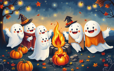 Halloween illustration Cheerful ghosts gather around a campfire during a Halloween festive autumn night